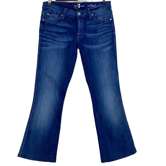 7 For All Mankind 'A' Pocket Dark Wash Low Rise Whiskered Boot Cut Jeans Size 27 - Picture 1 of 9